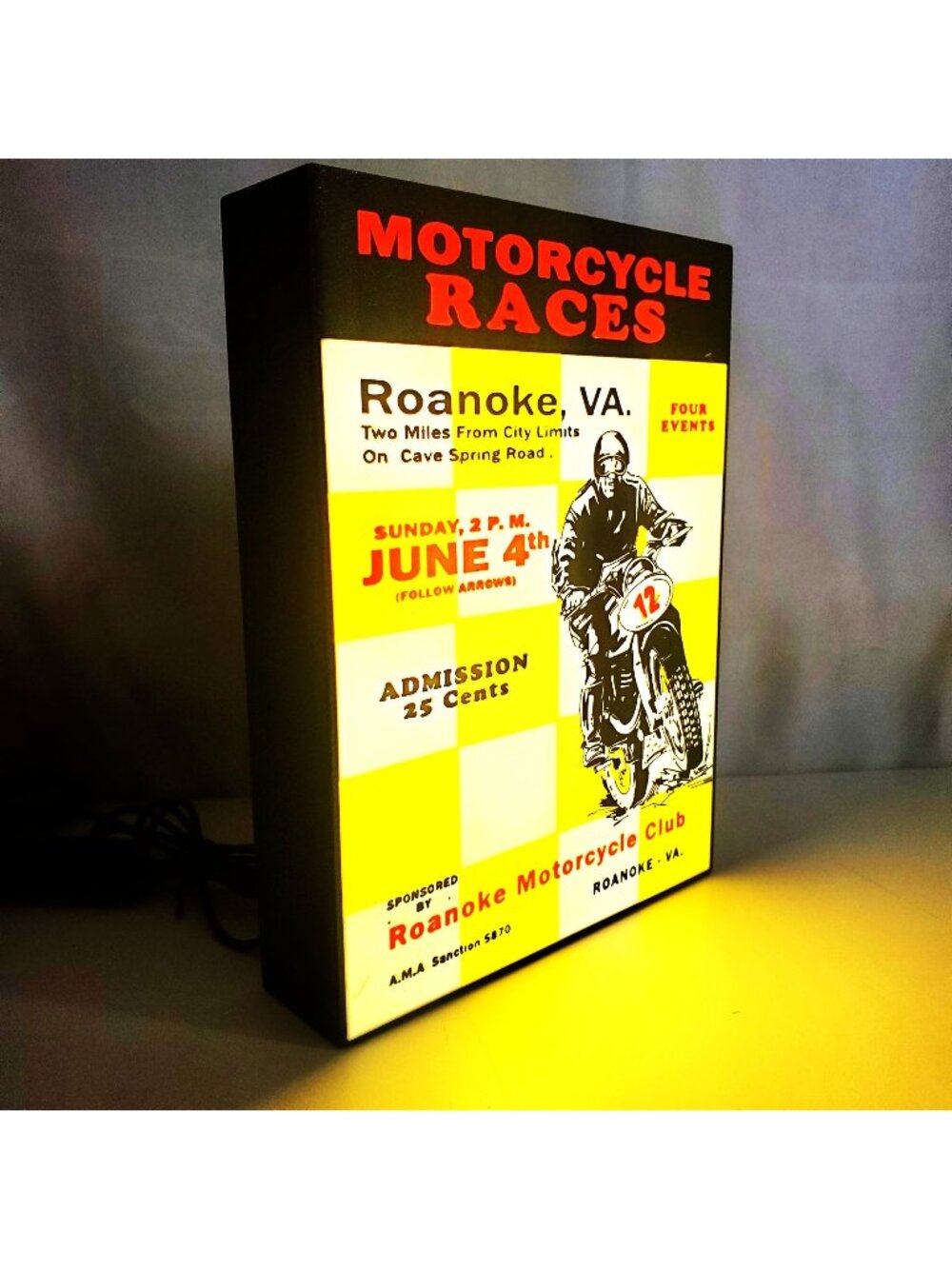 Vintage-Style Motorcycle Racing Light Box Sign – 7" x 9.5" USB-Powered LED Wall